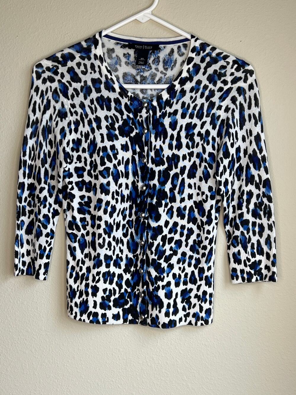 White House Black Market Blue Leopard Print Button Cardigan Sweater Size XS